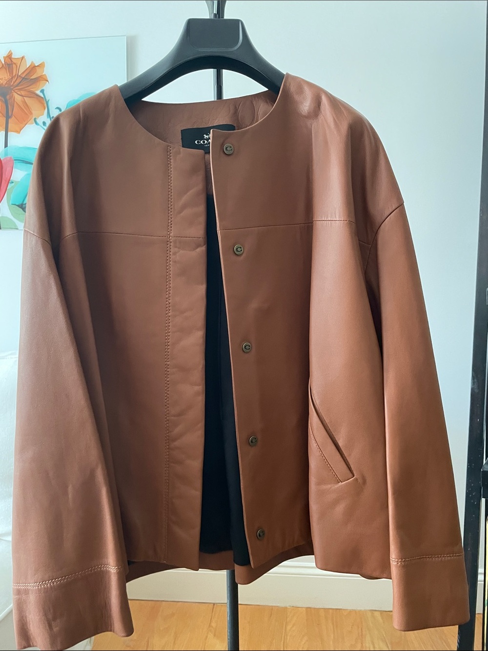 Coach Brown Collarless Leather Snap Jacket